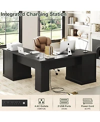 Aheaplus Corner L-Shape Desk with Charging Station and File Cabinet