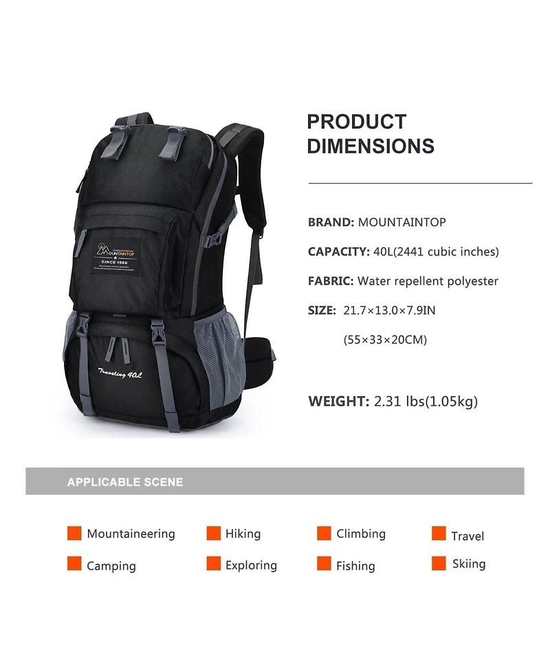 Mountaintop 40 Liter Hiking Backpack with 3 Liter Hydration Bladder for Women Men Outdoor Travel Camping Day Pack with Rain Cover