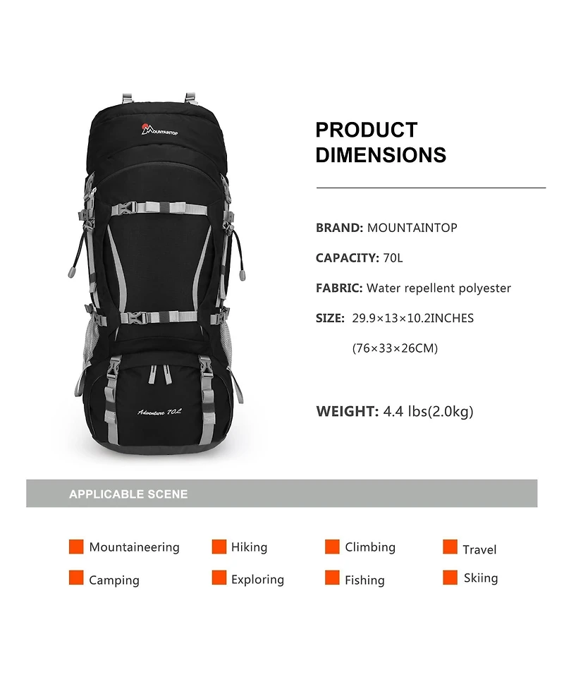 Mountaintop 70 Liter Internal Frame Backpack Camping Backpacking Hiking Backpack for Men Women with Rain Cover