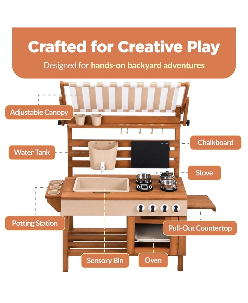 Best Choice Products Deluxe Wooden Outdoor Mud Kitchen for Kids with Canopy, Water Tank, Faucet and 11pc Accessories