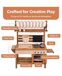 Best Choice Products Deluxe Wooden Outdoor Mud Kitchen for Kids with Canopy, Water Tank, Faucet and 11pc Accessories