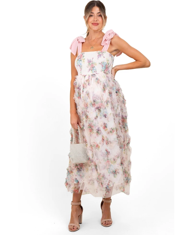 Pinkblush Maternity Cream Floral Smocked Shoulder Tie Ruffled Midi Dress