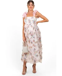 Pinkblush Maternity Cream Floral Smocked Shoulder Tie Ruffled Midi Dress