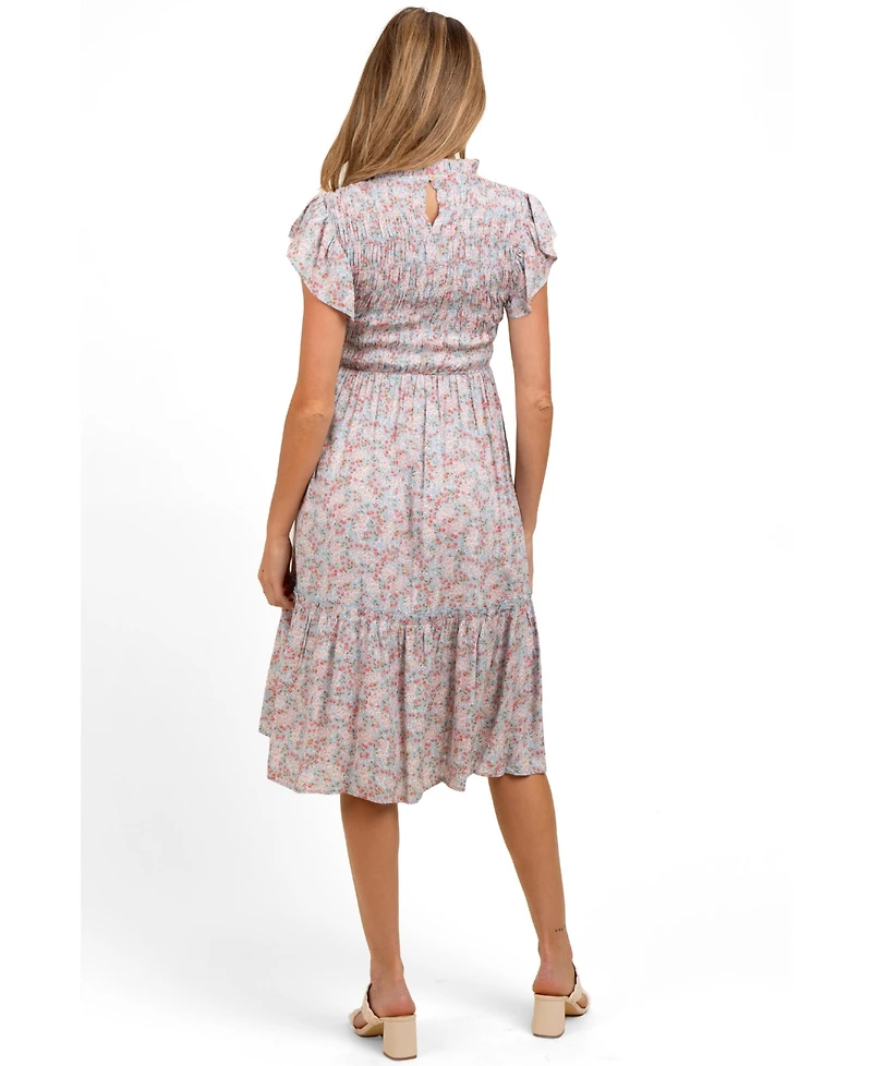Pinkblush Maternity Light Blue Floral Mock Neck Smocked Ruffe Sleeve Midi Dress