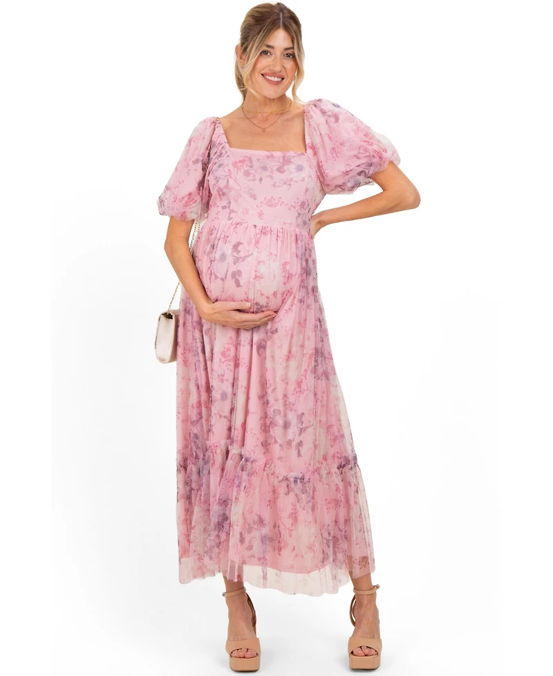 Pinkblush Maternity Pink Floral Printed Tulle Puff Sleeve Midi Dress