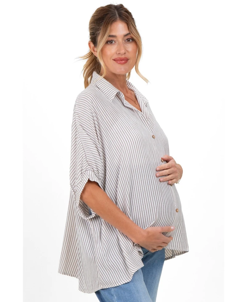 Pinkblush Maternity Brown Striped Boxy Button Down Top