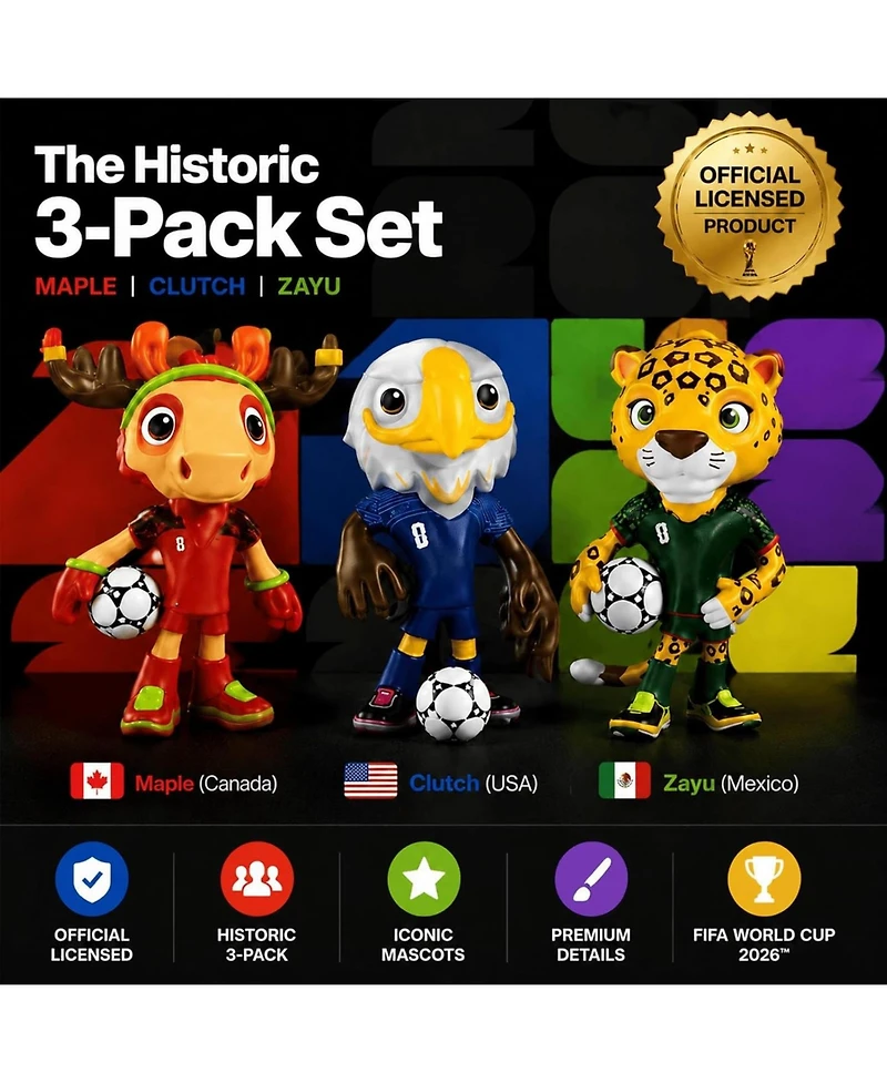 Fifa 2026 World Cup Official Licensed Mascot Figurine Set of 3 Maple, Zayu and Clutch Collectible Soccer Figures 9cm