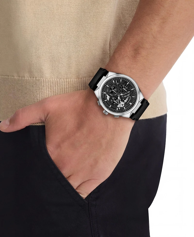 Calvin Klein Men's Distinguish Skeleton Black Leather Strap Watch 44mm