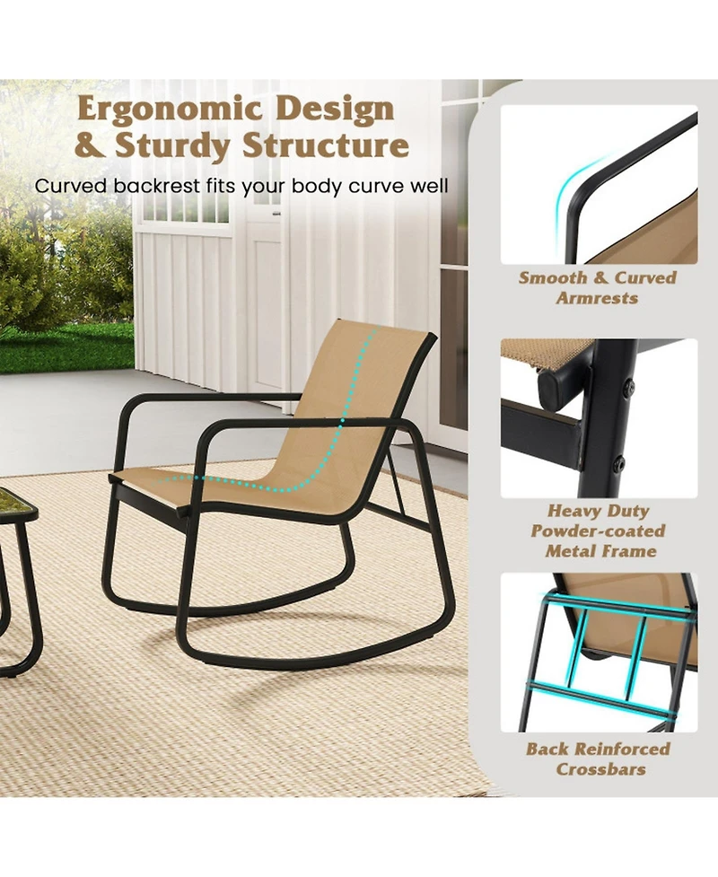 Sugift 2 Rocking Bistro Chairs and Glass-Top Table for Porch Yard Balcony