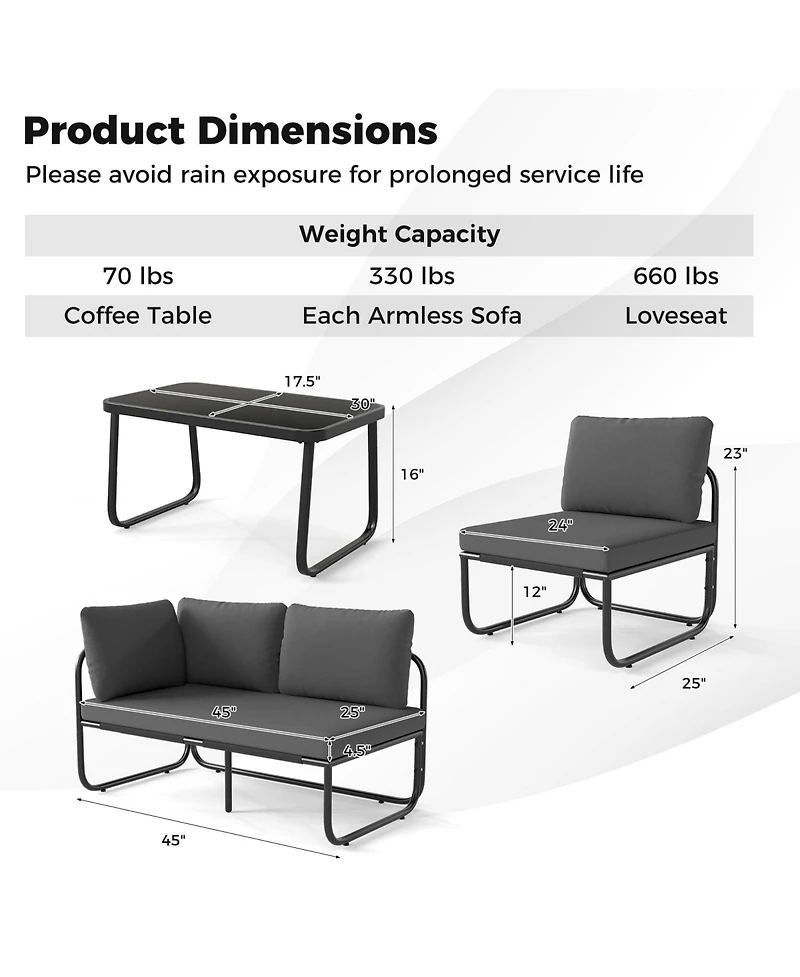 Sugift 4-Piece Metal Frame Outdoor Sofa Set with Padded Cushions