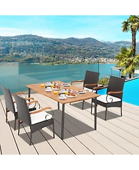 Gouun 5-Piece Patio Wicker Dining Set with Acacia Wood Table and Cushioned Chairs