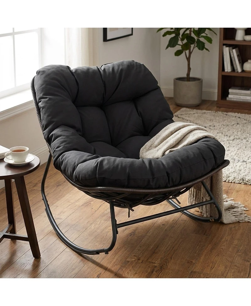 Sugift Outdoor Papasan Rocking Chair with 6.5in Thick Cushion and Non-Slip Pads