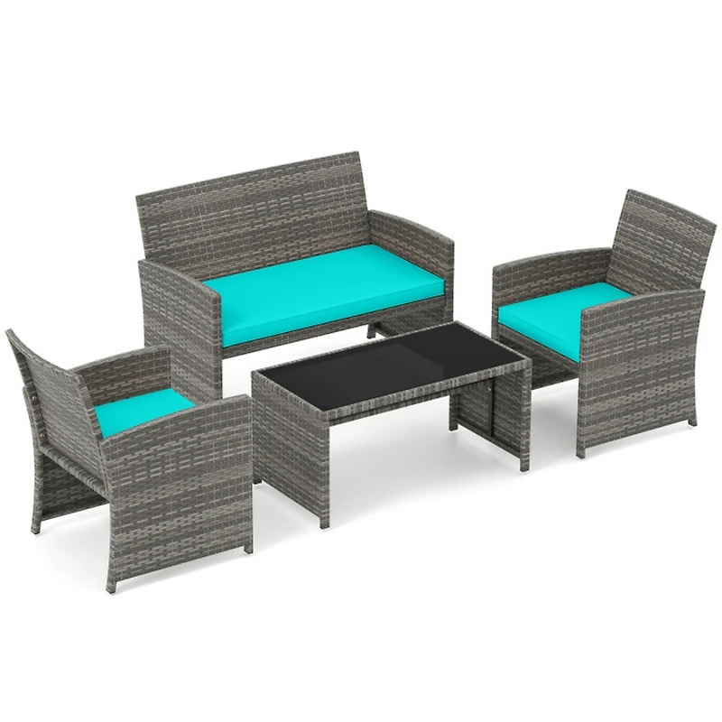 Sugift 4-Piece Pe Rattan Patio Conversation Set with Loveseat and Armchairs