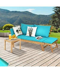 Gouun Adjustable Acacia Wood Patio Convertible Sofa Daybed with Thick Cushion