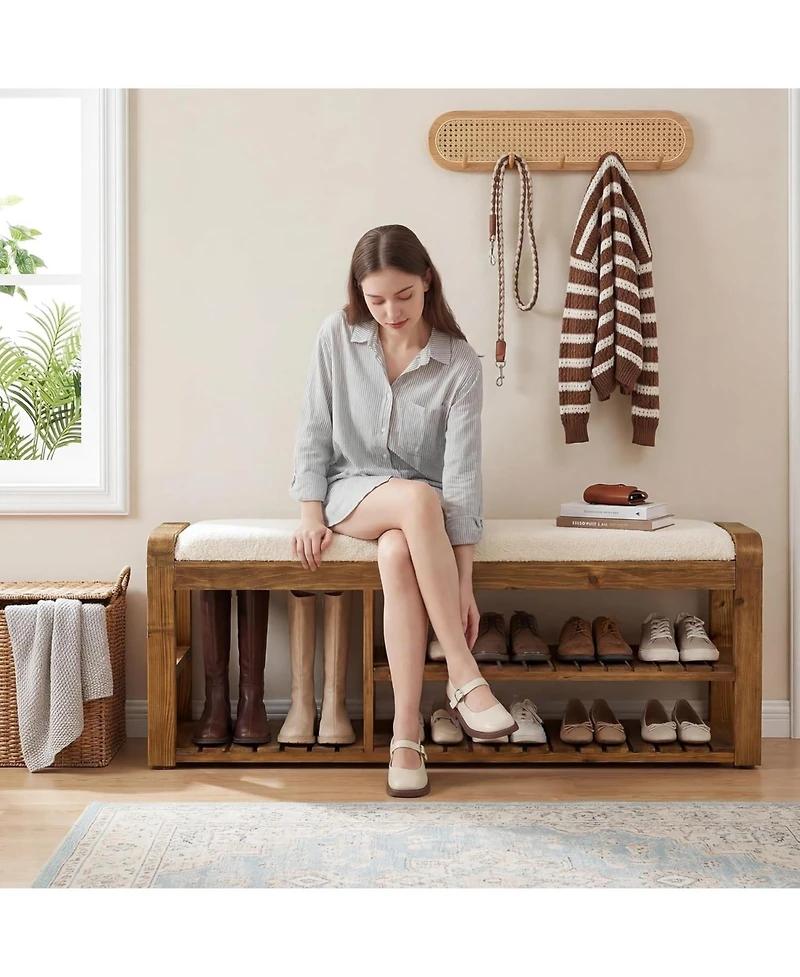 Tribesigns 55" Shoe Storage Bench with Removable Cushion, 2-Tier Farmhouse Solid Wood Entryway Shoe Rack, End of Bed Storage Upholstered Bench