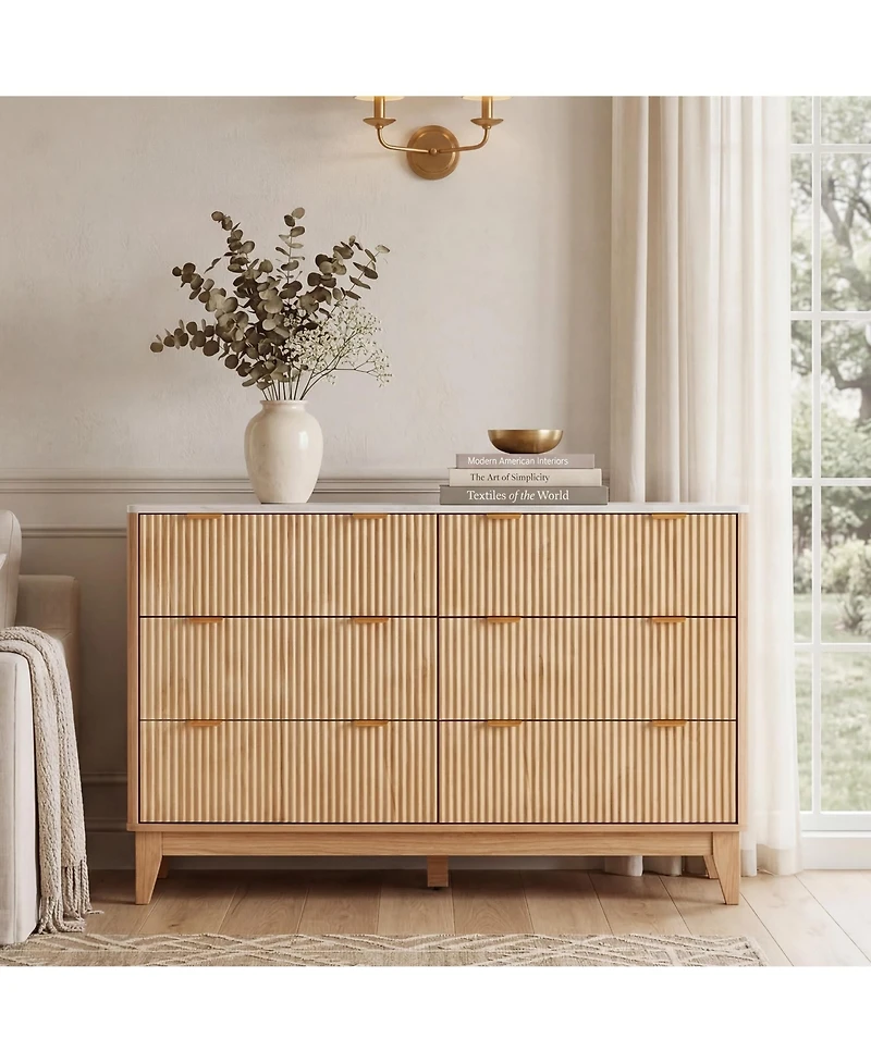 homfan Fluted 6 Drawer Dresser with Handles