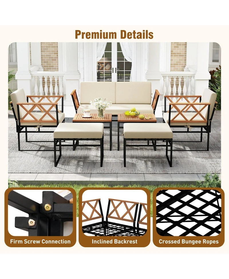Gouun 7-Piece Outdoor Conversation Set with Bungee Rope Seats, Ottomans, and Coffee Table