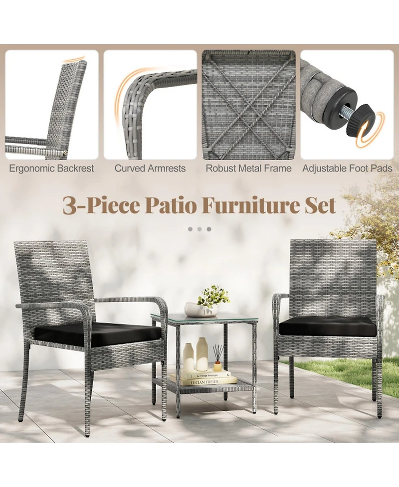 Gouun 3-Piece Rattan Patio Set with Cushioned Chairs and 2-Tier Glass Side Table