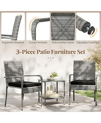 Gouun 3-Piece Rattan Patio Set with Cushioned Chairs and 2-Tier Glass Side Table
