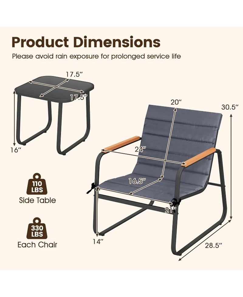 Sugift 3-Piece Fabric Patio Bistro Set with Tempered Glass Side Table