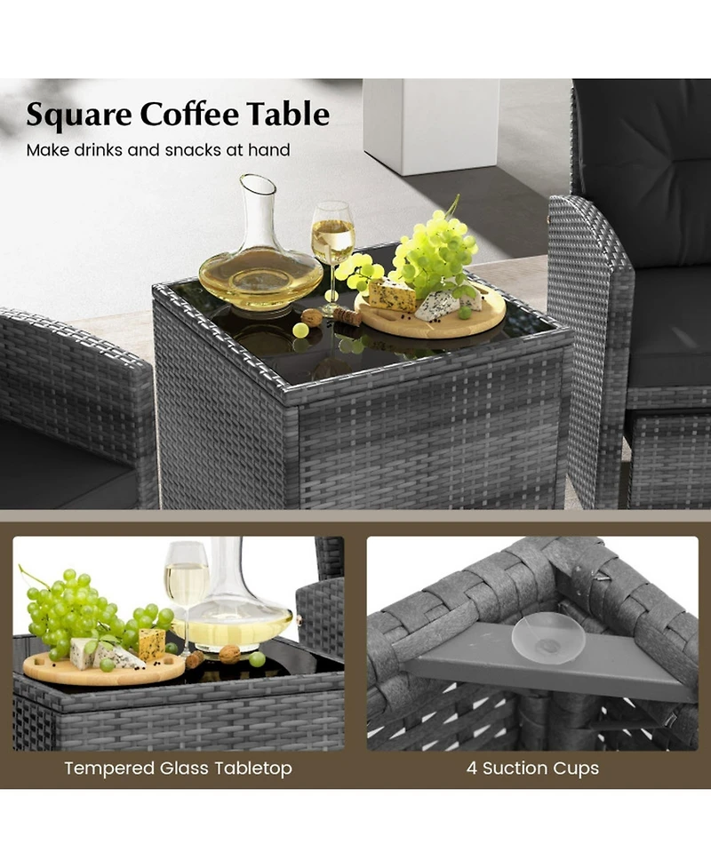 Gouun 5-Piece Pe Rattan Patio Set with 2 Ottomans, Chairs and Tempered Glass Coffee Table