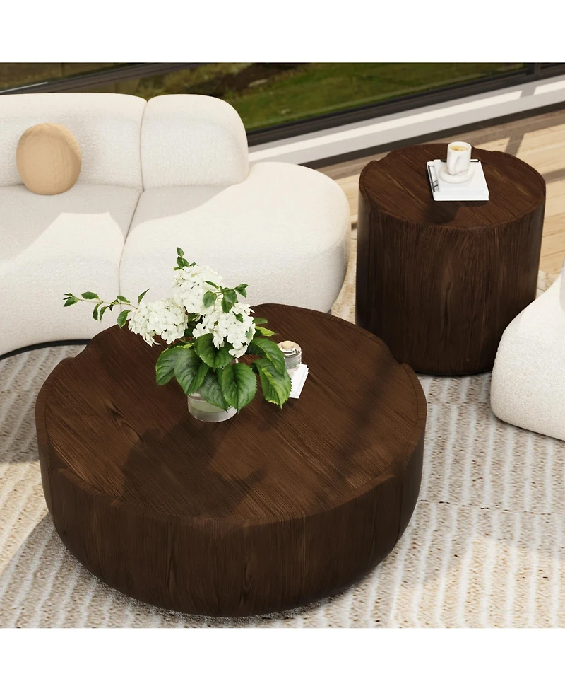 Clihome Round Outdoor Indoor Coffee Table Set, Modern Wood Grain Drum Center of 2
