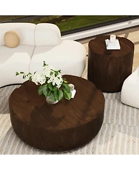 Clihome Round Outdoor Indoor Coffee Table Set, Modern Wood Grain Drum Center of 2