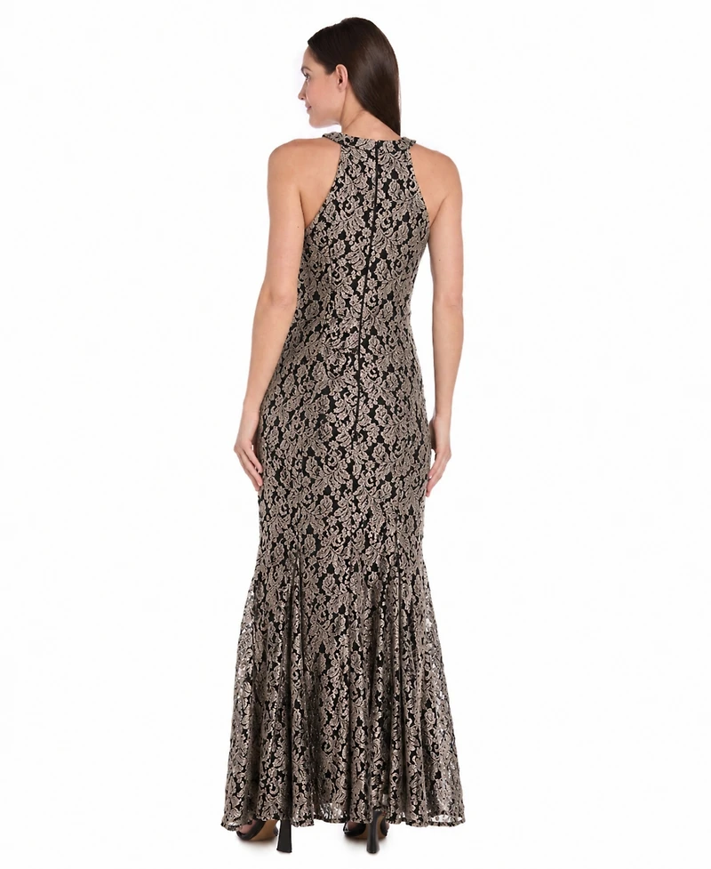 R & M Richards Women's Glitter Lace Halter Gown