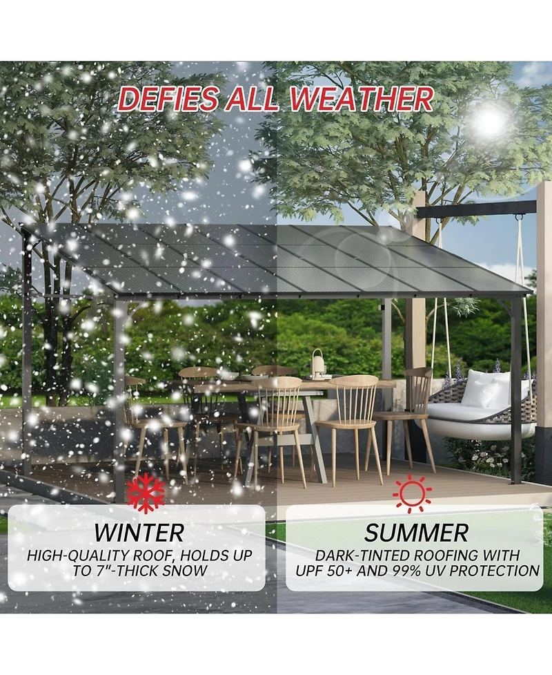 gaomon Hardtop Wall Mounted Gazebo with Gutters and Galvanized Steel Roof, 60MPH Wind Resistance, Lean to Gazebo Pergola with Sloped Roof for Deck