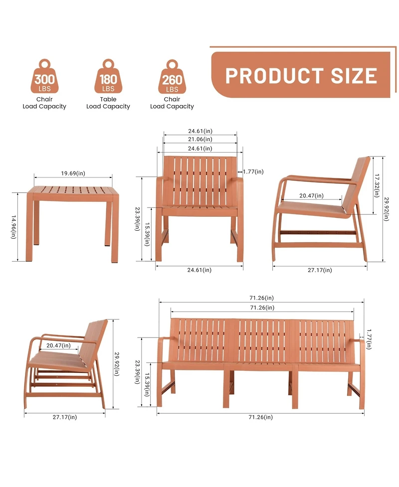 Clihome 5-Piece Indoor Outdoor Conversation Set - 3-Seat Sofa, 2 Chairs and 2 Nesting Coffee Tables