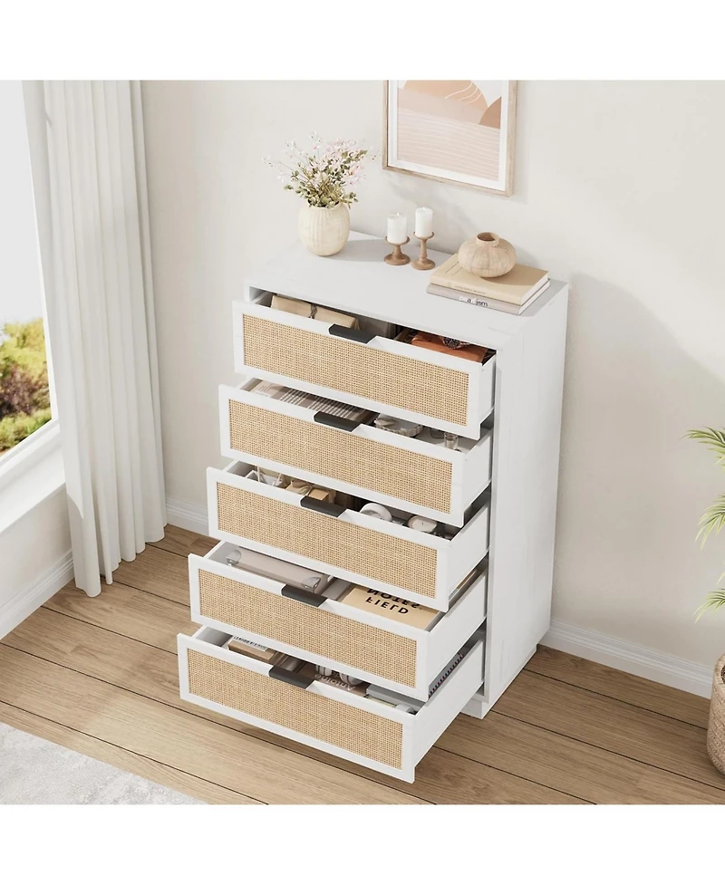 gaomon 5 Drawer Rattan Dresser for Bedroom, Integrated Cabinet Body Legs Design, Wooden Chest of Drawers Hallways, Entryways and Closet