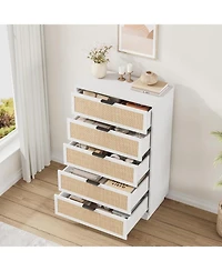 gaomon 5 Drawer Rattan Dresser for Bedroom, Integrated Cabinet Body Legs Design, Wooden Chest of Drawers Hallways, Entryways and Closet