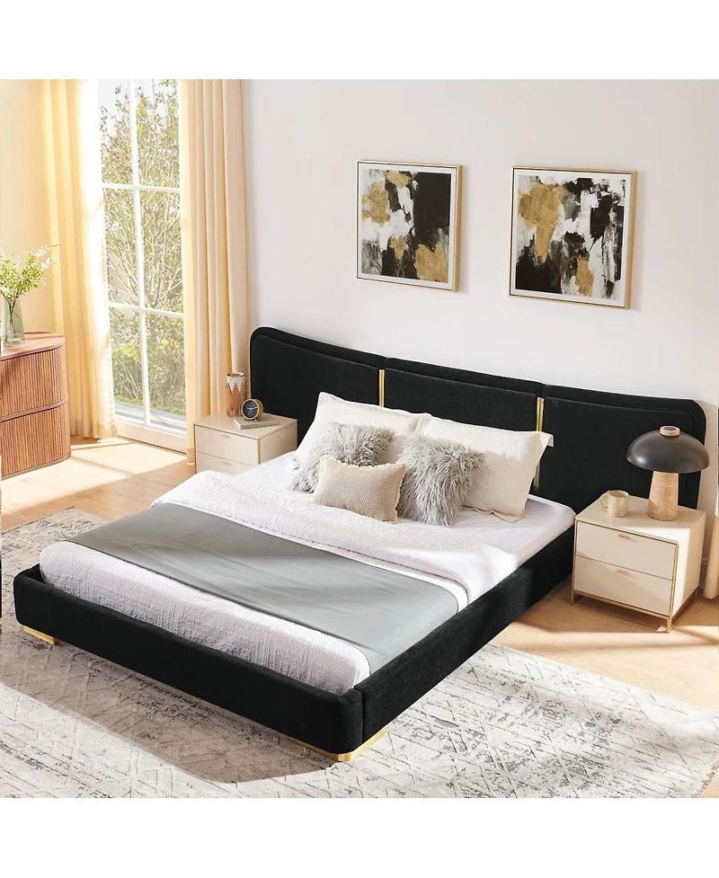 Streamdale Furniture Queen Size Extra Large Chenille Platform Bed with Curved Headboard