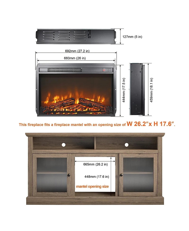 Clihome 26 inch Electric Fireplace Insert, Ultra Thin Heater with Log Set andRemote Control, Timer, Overheating Protection
