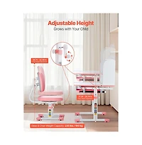 Sugift Kids Study Desk and Chair Set with Bookshelf, Storage Drawer, Adjustable Height and 0-40 Degree Tilt Desktop for Bedroom