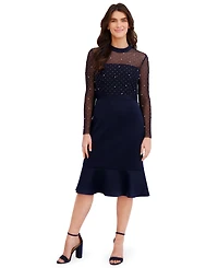 London Times Petite Beaded Illusion Mock-Neck Midi Dress