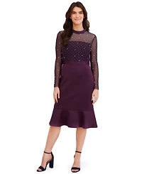 London Times Petite Beaded Illusion Mock-Neck Midi Dress