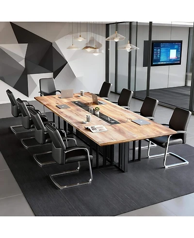 Logicfox Conference Table with Wireless Charging - 2" Thick Top and Metal Grid Base 2 Built-in Power Outlets and Usb