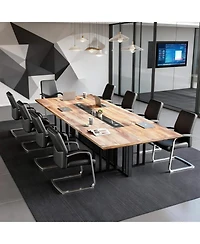 Logicfox Conference Table with Wireless Charging - 2" Thick Top and Metal Grid Base 2 Built-in Power Outlets and Usb