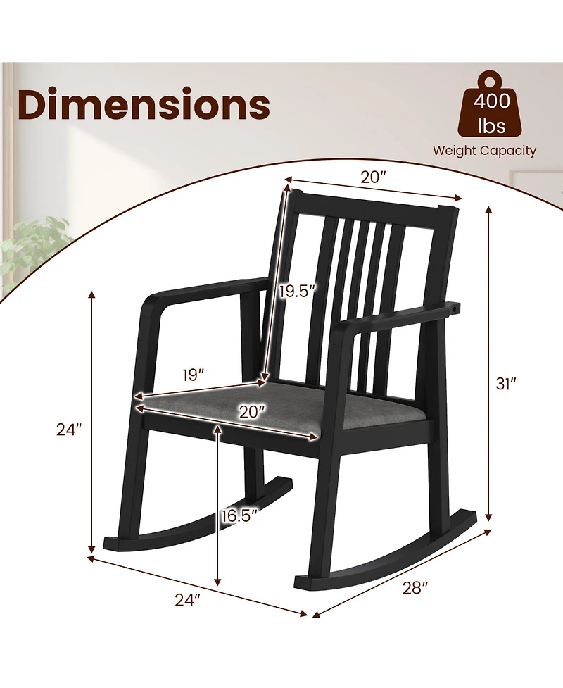 Sugift Solid Rubber Wood Rocking Chair with Cushioned Linen Seat