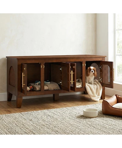 Streamdale Furniture Lars Rattan and Rubber Wood 4-Door Dog Crate Cabinet Furniture