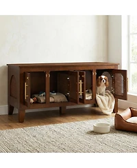 Streamdale Furniture Lars Rattan and Rubber Wood 4-Door Dog Crate Cabinet Furniture