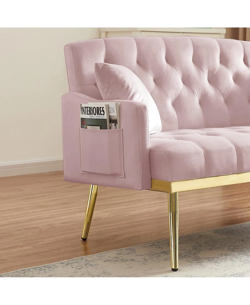 Streamdale Furniture Tufted Velvet Sofa with Metal Legs and 2 Pillows for Small Spaces