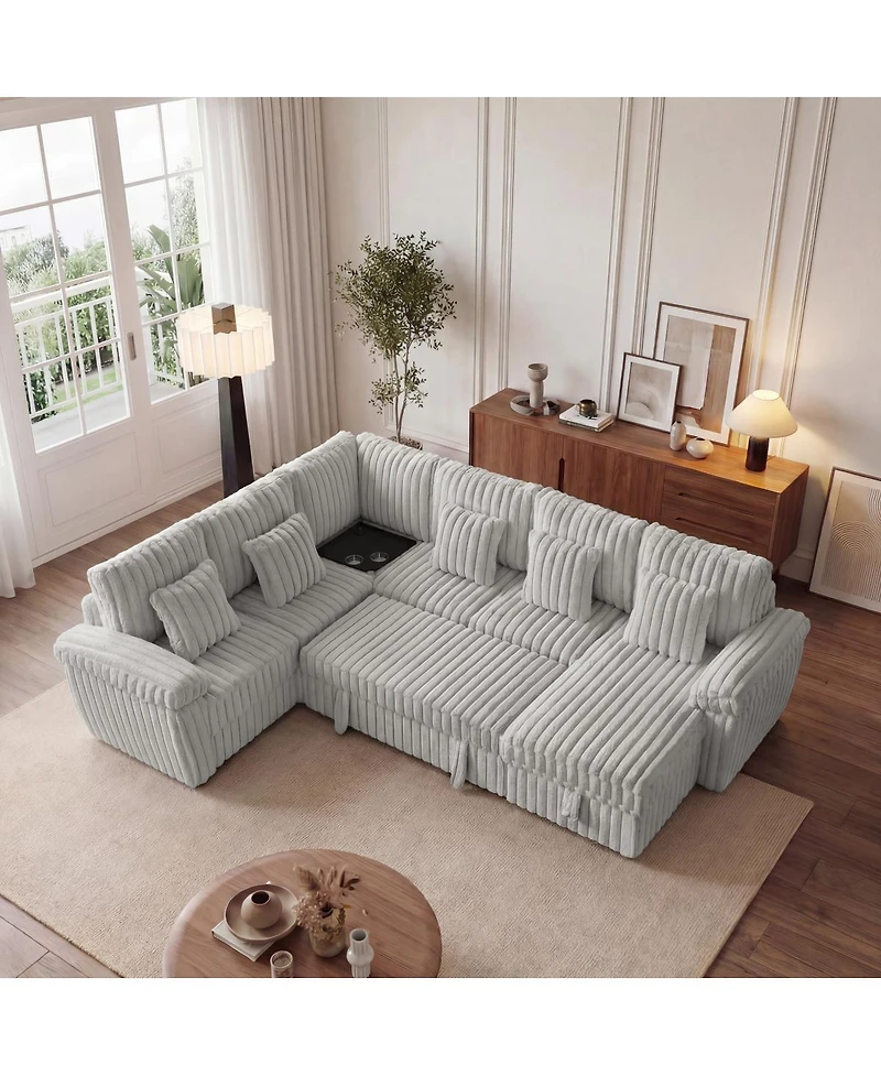 Streamdale Furniture 103'' U-Shaped Corduroy Sectional Sofa with Storage Pull-Out Bed and Usb Port