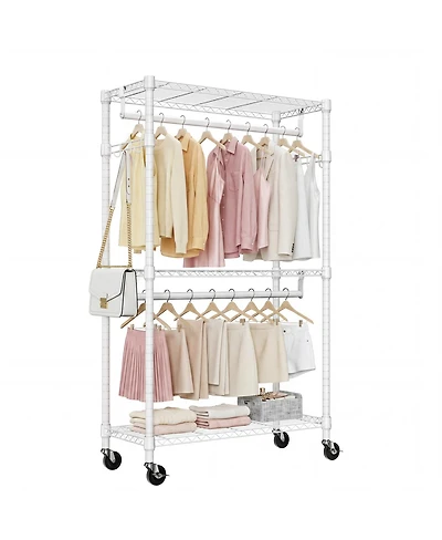 Streamdale Furniture Heavy Duty 3-Tier Adjustable Rolling Garment Rack with 2 Rods and Hooks