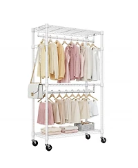 Streamdale Furniture Heavy Duty 3-Tier Adjustable Rolling Garment Rack with 2 Rods and Hooks
