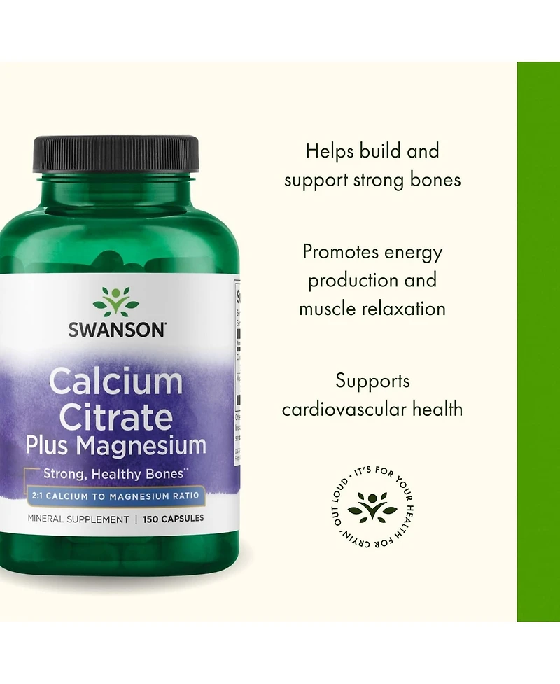 Swanson Calcium Citrate Plus Magnesium Mineral Supplement for Bone Strength, Energy, Muscle Relaxation and Cardiovascular Support 150 Capsules