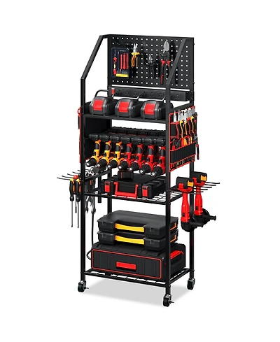 Xdovet Heavy-Duty Rolling Power Tool Storage Cart with Charging Station and Drill Rack