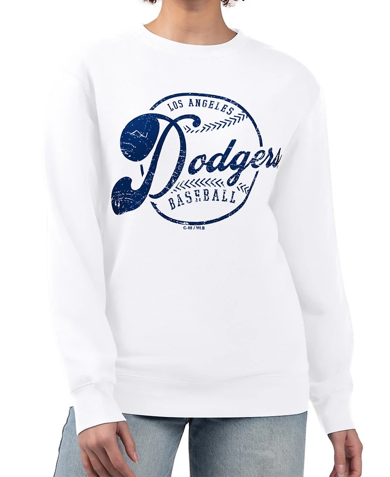 G-iii 4Her by Carl Banks Women's White Los Angeles Dodgers Distressed Baseball Team Fleece Pullover Sweatshirt