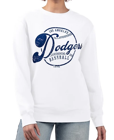 G-iii 4Her by Carl Banks Women's White Los Angeles Dodgers Distressed Baseball Team Fleece Pullover Sweatshirt
